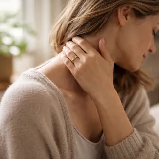 Adult woman gently massaging neck at home, showing a calm moment of bodily awareness after 30