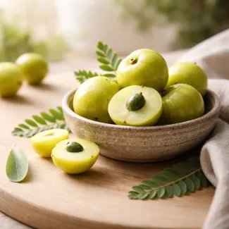 Fresh amla fruit on a calm wooden surface, illustrating a plant-based routine linked to gray hair care