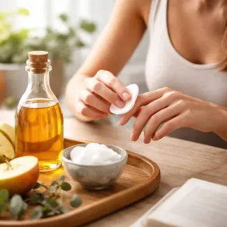 Apple cider vinegar gently applied to skin as part of a calm, everyday wart care routine