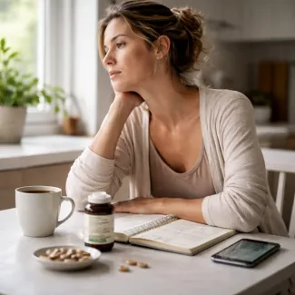 Woman in her 30s reflecting at kitchen table with ashwagandha for stress support