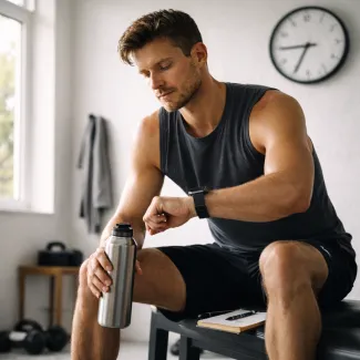 Uomo di 35 anni controlla il battito dopo allenamento per equilibrio metabolico