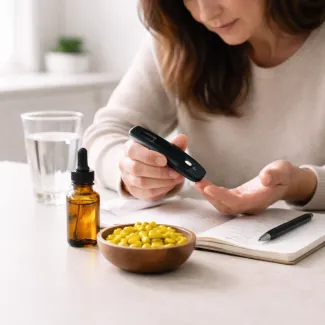 Midlife woman checking blood glucose with berberine capsules for metabolic control