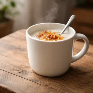 Tazza di latte caldo con zucchero caramellato sciolto, rimedio serale contro la tosse notturna