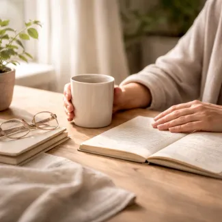 Calm morning moment with hands holding a warm mug, reflecting everyday stress awareness