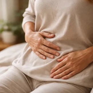 Calm close-up of adult hands resting on the abdomen, conveying subtle digestive awareness and bodily comfort