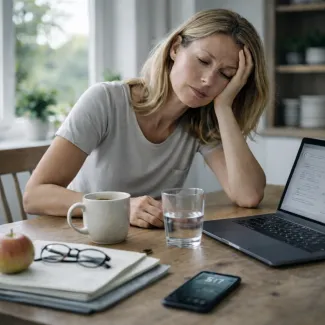 Midlife woman experiencing afternoon energy dip during focused work session