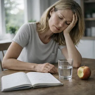 Donna di mezza età affaticata al tavolo, calo energetico legato a sbalzi glicemici