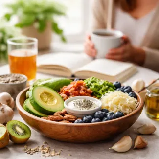 Calm lifestyle scene with gut-friendly foods on a kitchen table, illustrating daily digestive balance