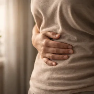Person gently holding abdomen, illustrating subtle stomach discomfort and ongoing bloating sensation