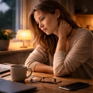 Woman reflecting at dusk with coffee, subtle tension linked to persistent daily stress