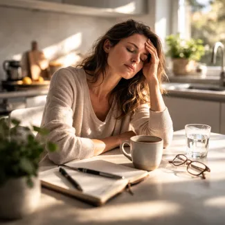 Woman experiencing persistent daily fatigue in soft morning light