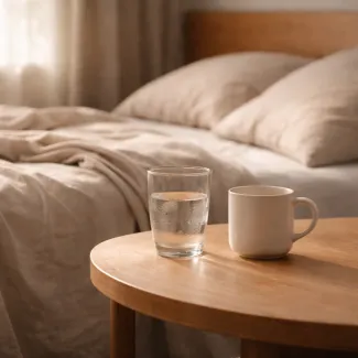 Soft morning light on a bedside table with water and a mug, reflecting everyday tiredness