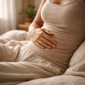 Calm morning moment showing an adult hand resting on the abdomen, reflecting subtle body awareness