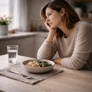 Woman quietly reflecting over a simple meal, illustrating nutrition and stress-related hormone shifts