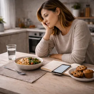 Woman reflecting on balanced meal and sweets during ongoing stress