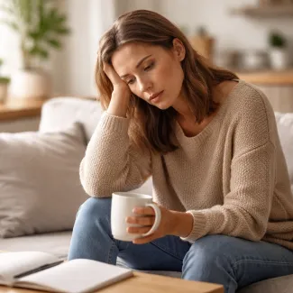Adult woman at home with a mug, reflecting during low mood over time and daily routines