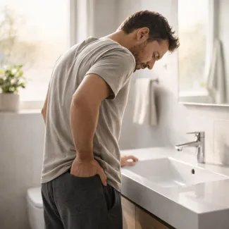 Mann im Bad mit diskretem Unwohlsein am unteren Rücken als Hinweis auf Hämorrhoiden-Symptome