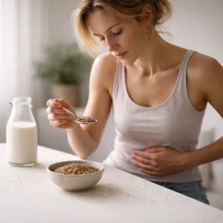 Woman holding flaxseed with soy milk as gentle support when PMS feels stronger