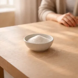 Small bowl of white sugar on a quiet wooden table, reflecting everyday sugar presence after 30