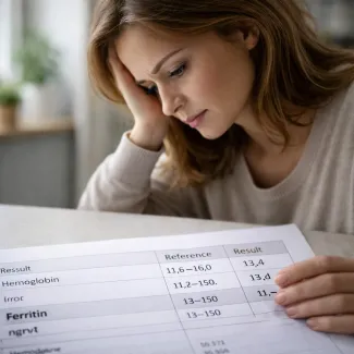 Woman reviewing blood test showing low ferritin with normal hemoglobin results