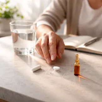 Hand comparing capsule, sublingual tablet and ampoule on stone surface for B12 form selection