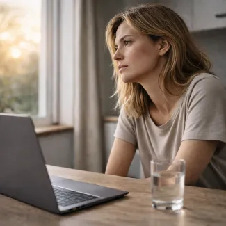 Woman in her 30s by morning window reflecting on low energy during work routine