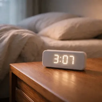 Digital alarm clock at 3:07 on bedside table, capturing quiet midlife night waking moment
