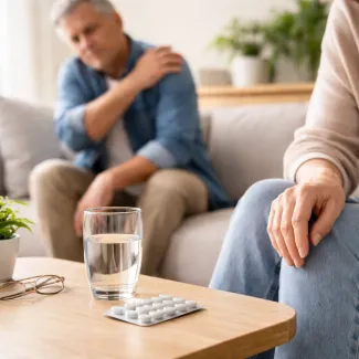 Man holding his shoulder in pain while considering tablets and water on the table for relief