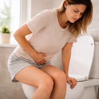 Woman sitting on a toilet holding lower abdomen as sudden burning urination discomfort appears