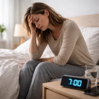 Morning fatigue after sleep, woman sitting on bed at 7:00 showing persistent low energy pattern