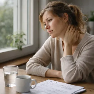 Woman reviewing thyroid blood test with neck tension, reflecting stress-related fatigue