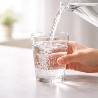 Pouring fresh water into a glass to support hydration, energy balance and daily recovery