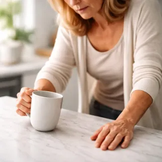 Woman over 50 pausing mid-task with fatigue, showing real moment of energy drop in daily life