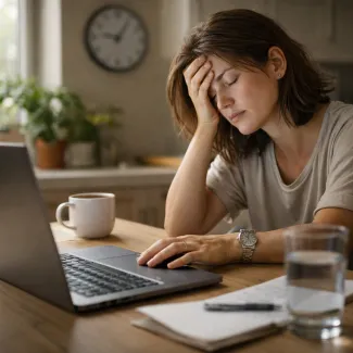 Tired woman working at laptop pauses mid-task, showing fatigue despite rest in daily routine