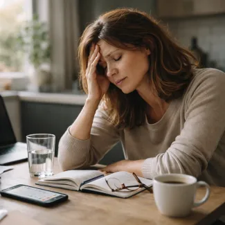 Woman in her 30s resting her head at a kitchen table, showing persistent fatigue during daily work