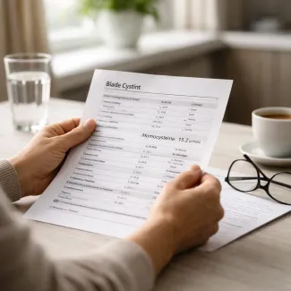 Blood test report showing elevated homocysteine level reviewed in natural morning light