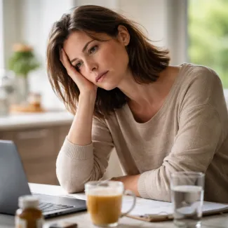 Woman pausing mid-task, unfocused gaze and fatigue reflecting subtle low energy signals