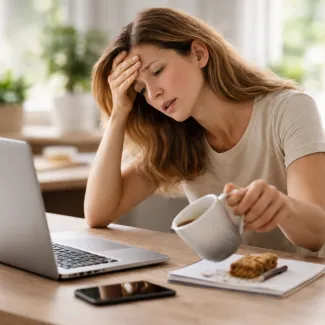 Femme fatiguée laissant tomber une tasse, signe d’une chute d’énergie liée à la glycémie