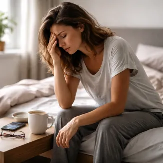Woman in her 30s pausing on bed, showing morning fatigue despite sleep and low energy