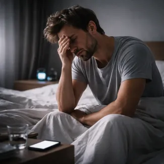 Man awake at night using phone, showing sleep disruption behind morning fatigue