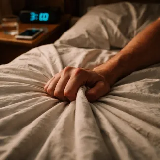 Hand gripping wrinkled bedsheet at 3am, illustrating nocturnal cortisol spike and sleep disruption