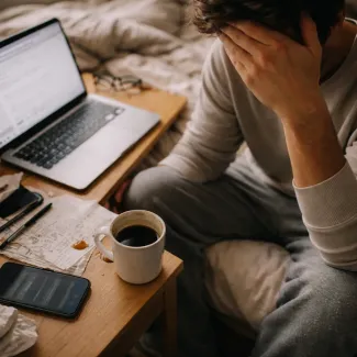 POV view of low energy brain fog while working, with coffee, notes and laptop on messy bed