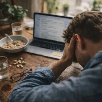 Person holding head at desk with untouched breakfast, showing fatigue despite rest