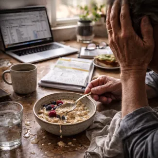 Hand pauses over oatmeal as food spills, showing afternoon energy crash and fatigue after 50